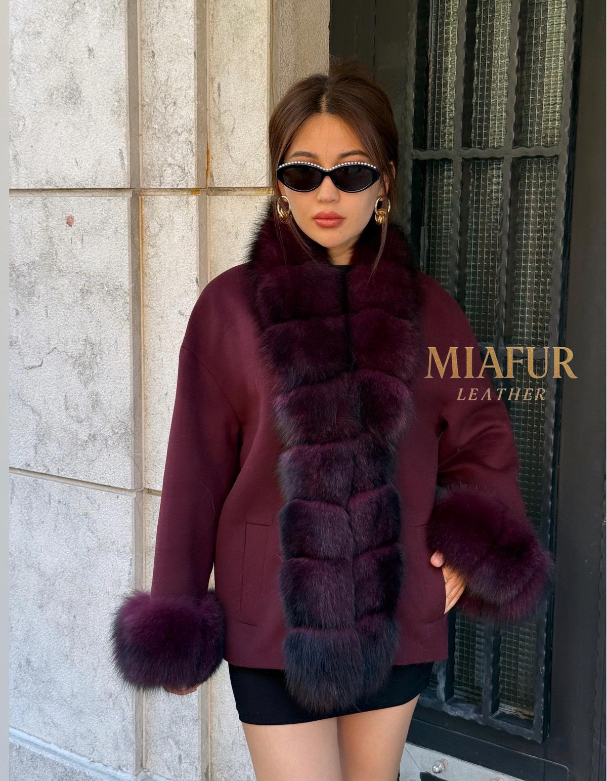 Burgundy Cashmere Black Short Jacket . Front & Cuffs Fox Fur Jacket