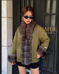 Khaki Cashmere Short Front Fox Fur Jacket, Plus Size Women Fox Fur Coat
