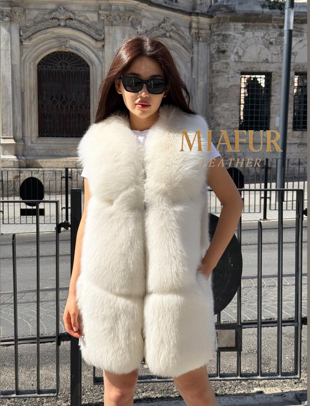 Luxury White Fox Fur Vest with Leather Side Panels | Handmade Genuine Fur Gilet | Elegant Winter Outerwear for Women - Gift For Her