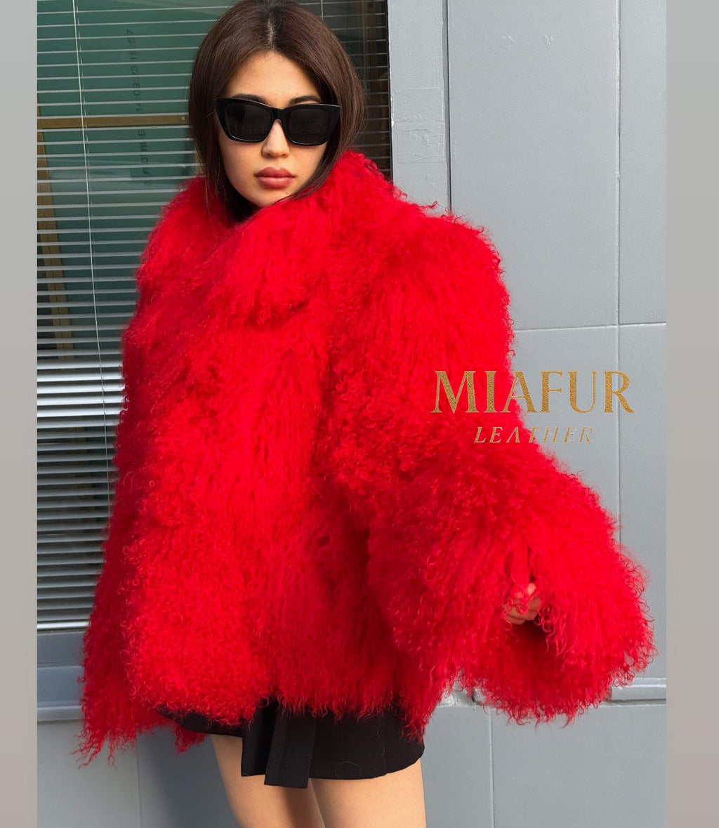 Women’s Red Tibetan Fur Coat, Handmade Shaggy Mongolian Lamb Fur Jacket