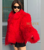 Women’s Red Tibetan Fur Coat, Handmade Shaggy Mongolian Lamb Fur Jacket