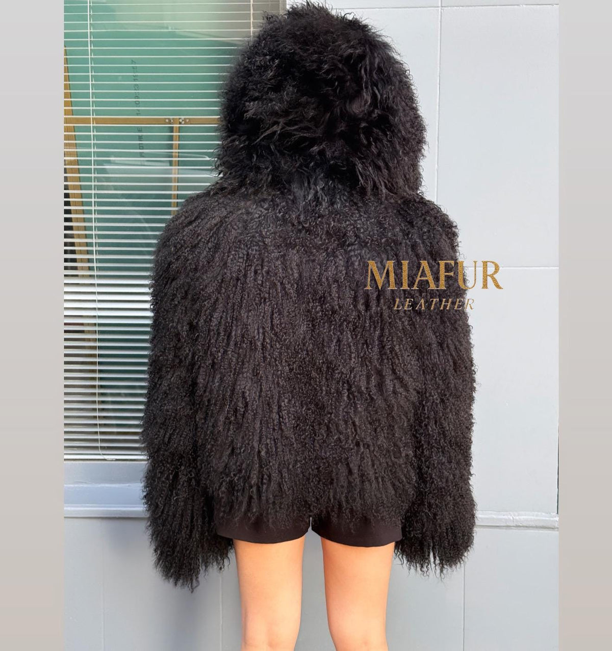 Black Hooded Tibetan Fur Coat, Women’s Handmade Shaggy Mongolian Lamb Fur Jacket