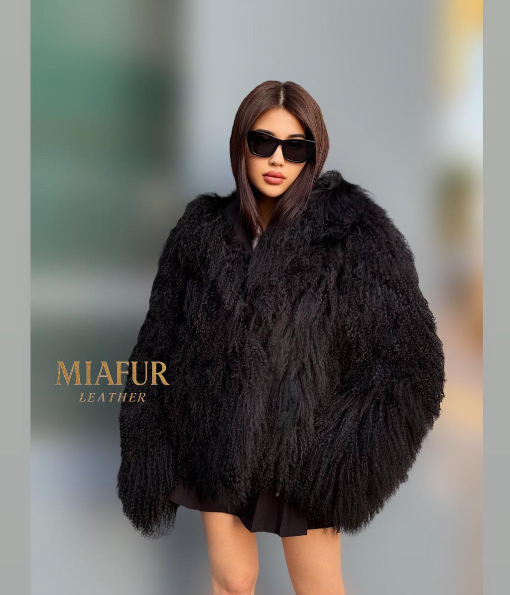 Black Hooded Tibetan Fur Coat, Women’s Handmade Shaggy Mongolian Lamb Fur Jacket