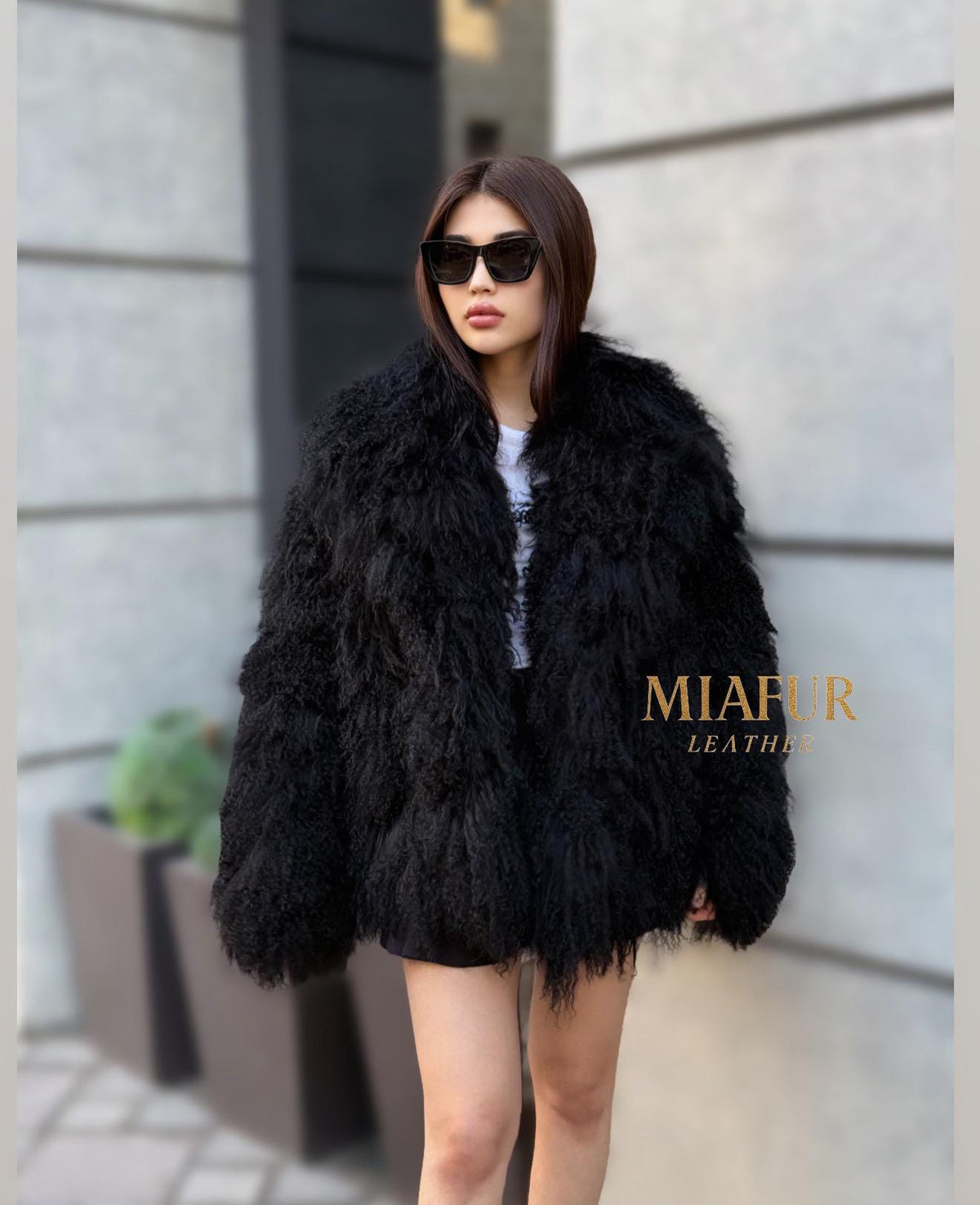 Black Tibetan Fur Coat, Handmade Women Shaggy Mongolian Lamb Fur Jacket