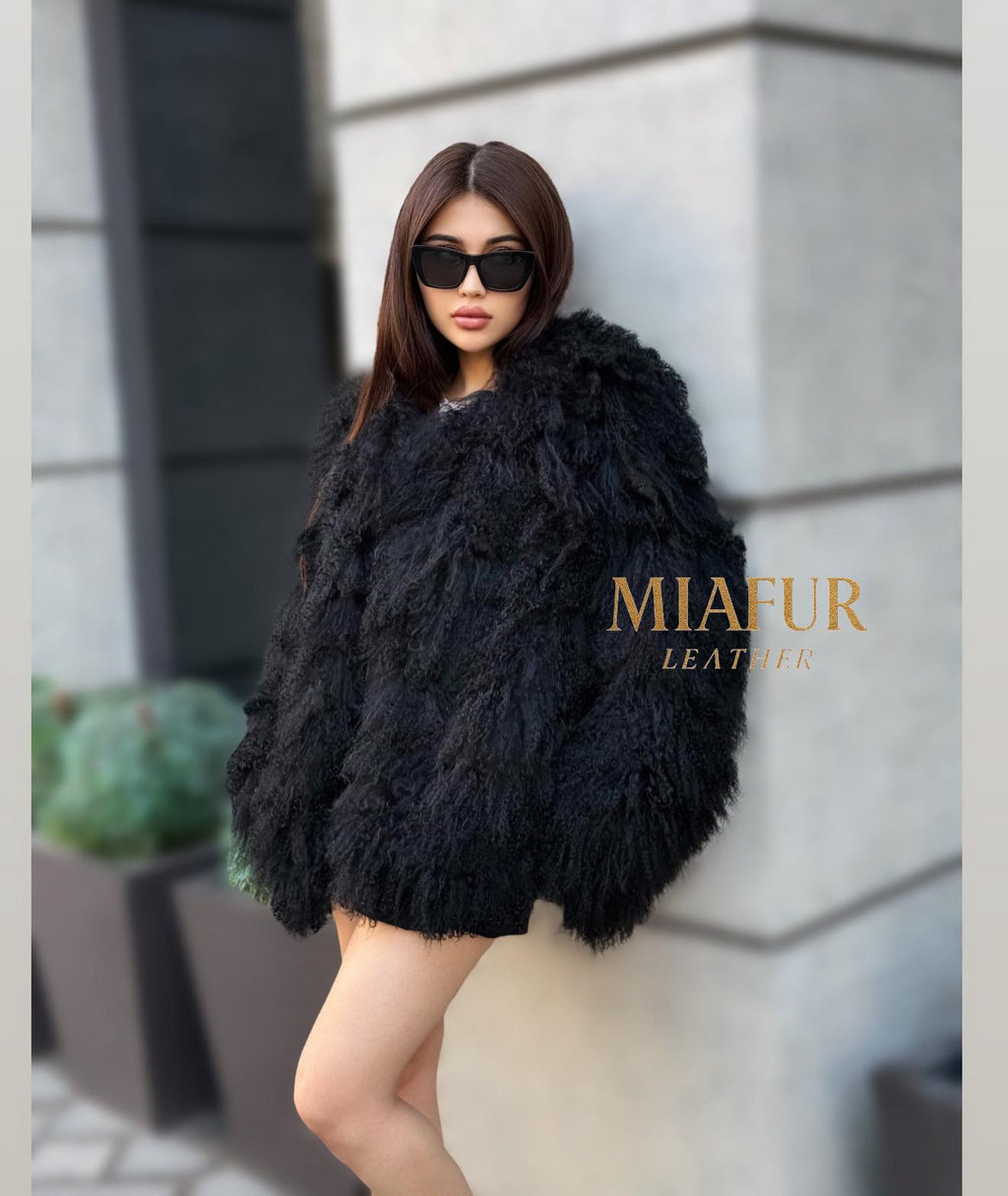 Black Tibetan Fur Coat, Handmade Women Shaggy Mongolian Lamb Fur Jacket