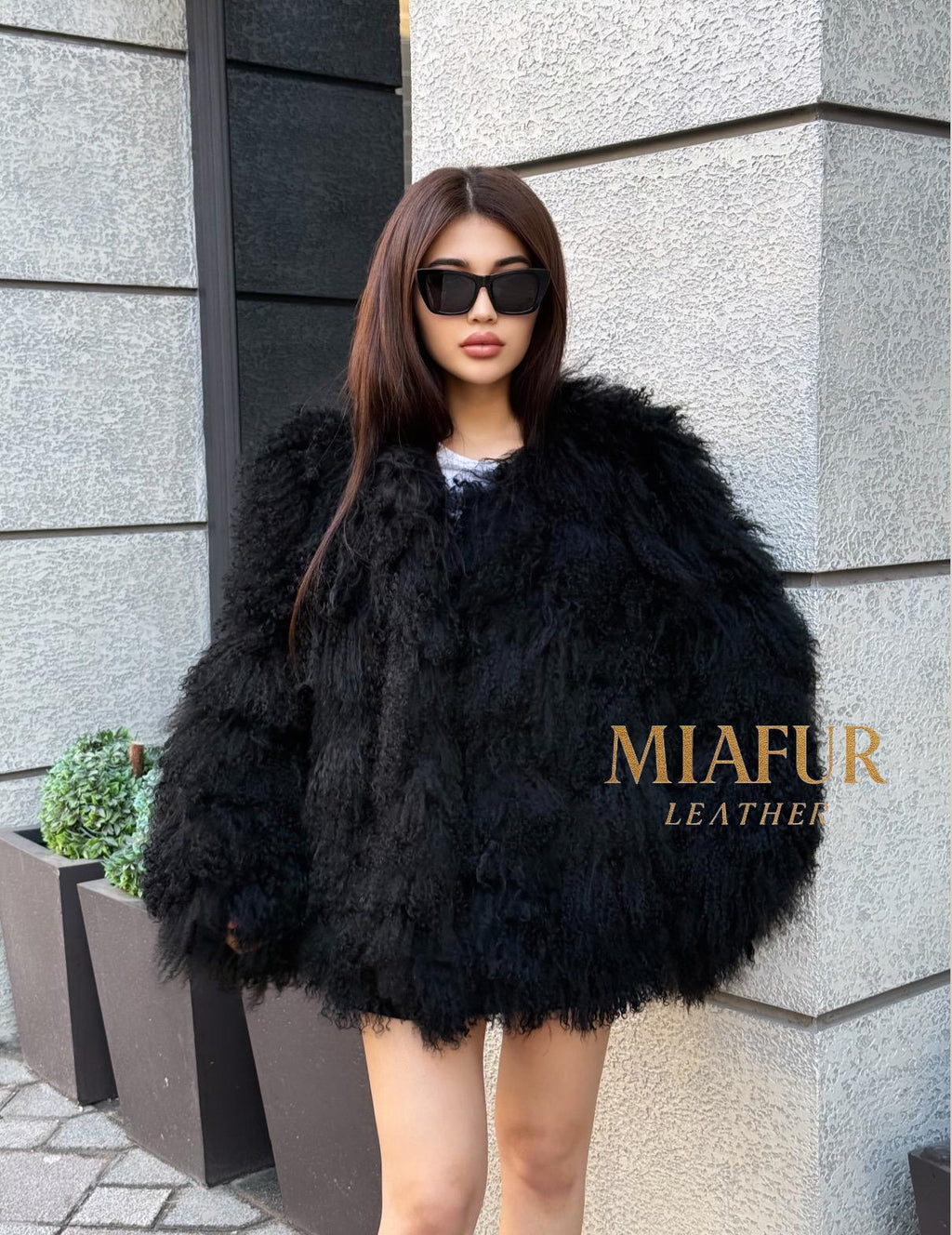 Black Tibetan Fur Coat, Handmade Women Shaggy Mongolian Lamb Fur Jacket
