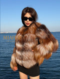 Women’s Red Frost Fox Fur Jacket: Handmade 2-in-1 Coat Vest with Detachable Sleeves