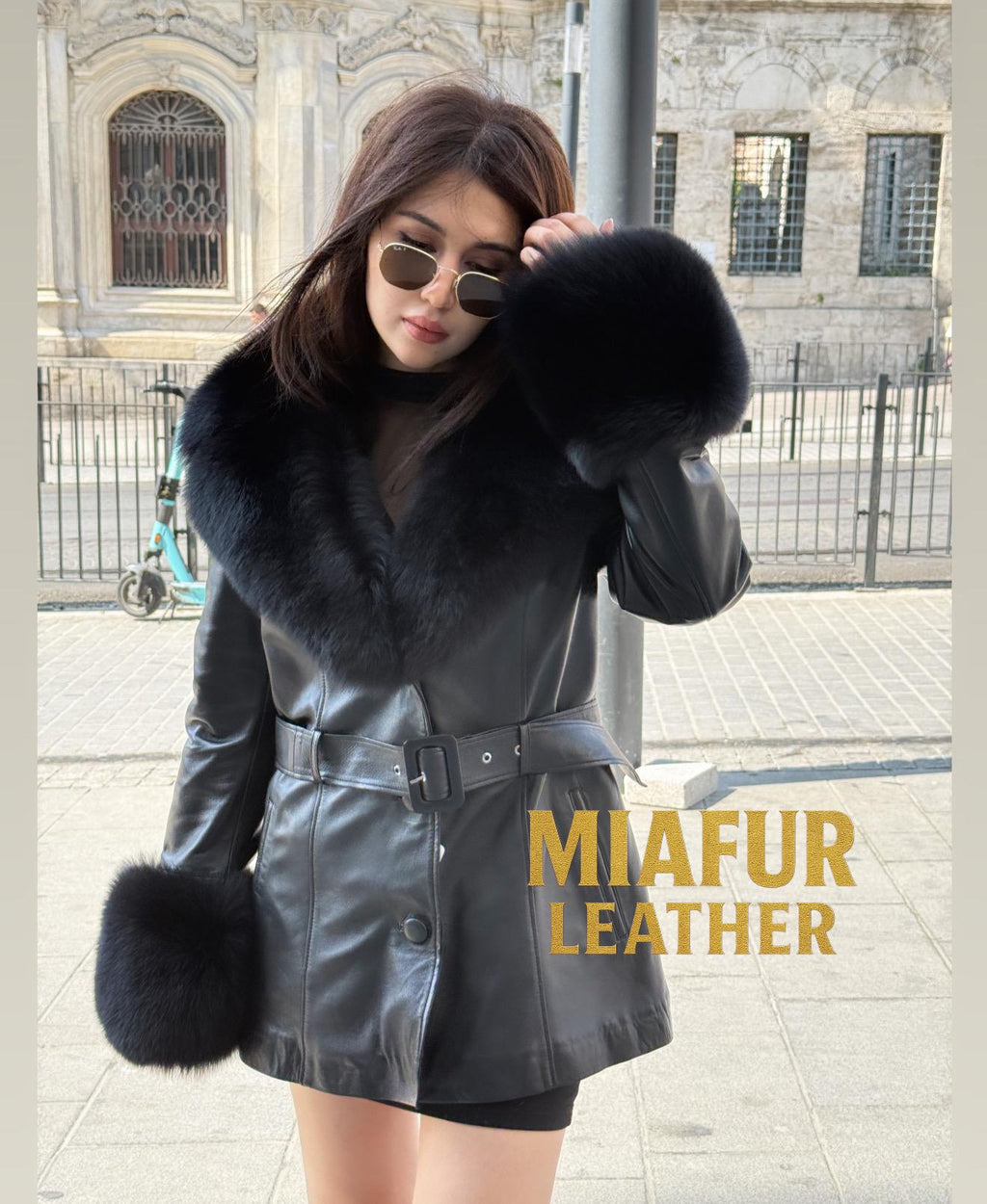 Luxury Black Leather Jacket , Detachable Collar & Cuffs Fox Fur Coat For Women