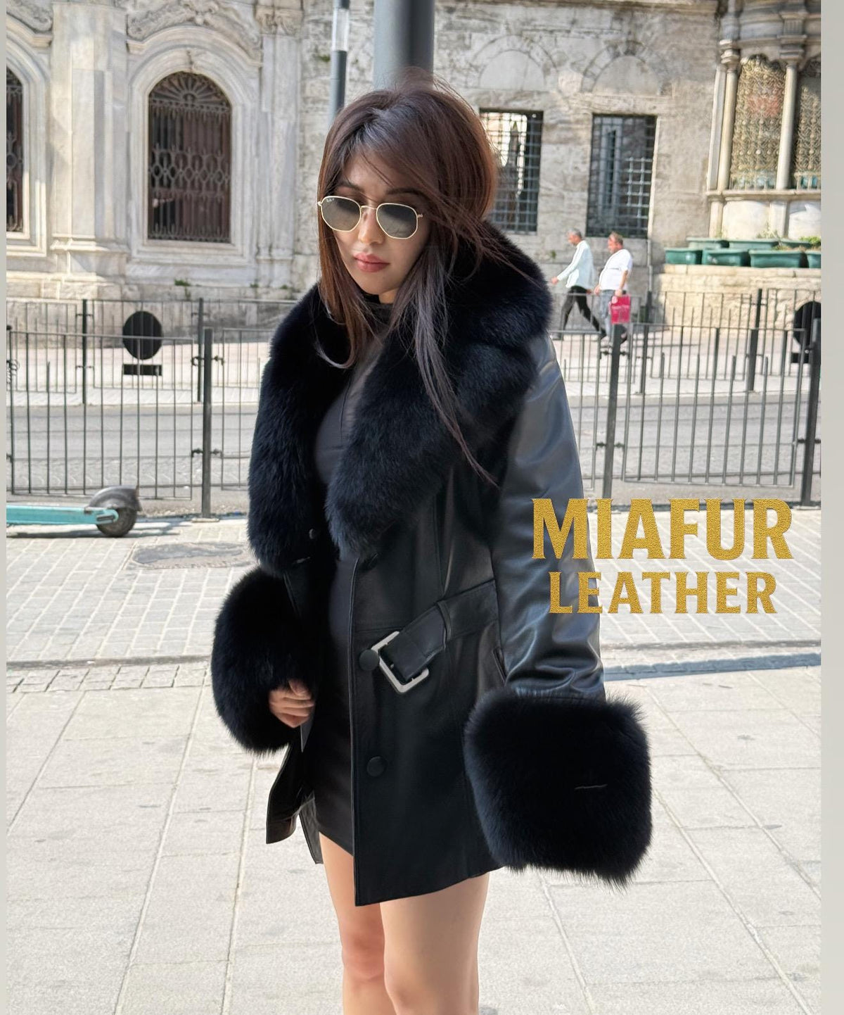 Luxury Black Leather Jacket , Detachable Collar & Cuffs Fox Fur Coat For Women