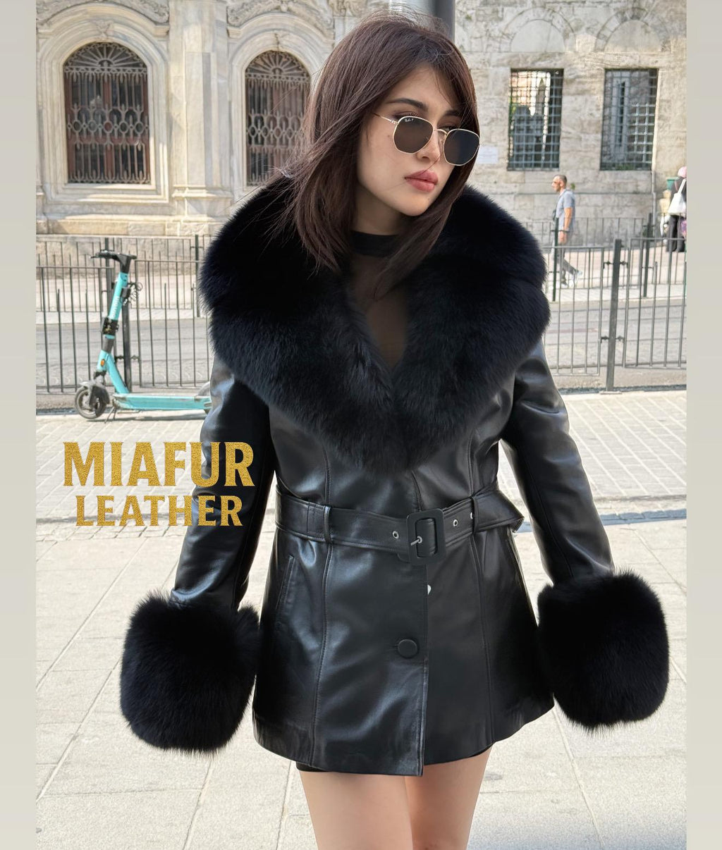 Luxury Black Leather Jacket , Detachable Collar & Cuffs Fox Fur Coat For Women