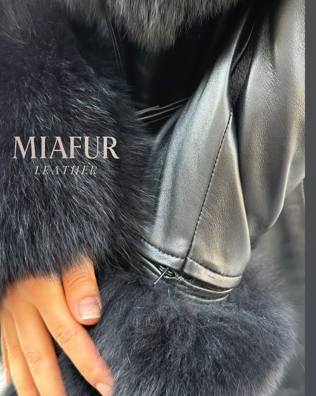 Luxury Black Leather Jacket , Detachable Collar & Cuffs Fox Fur Coat For Women