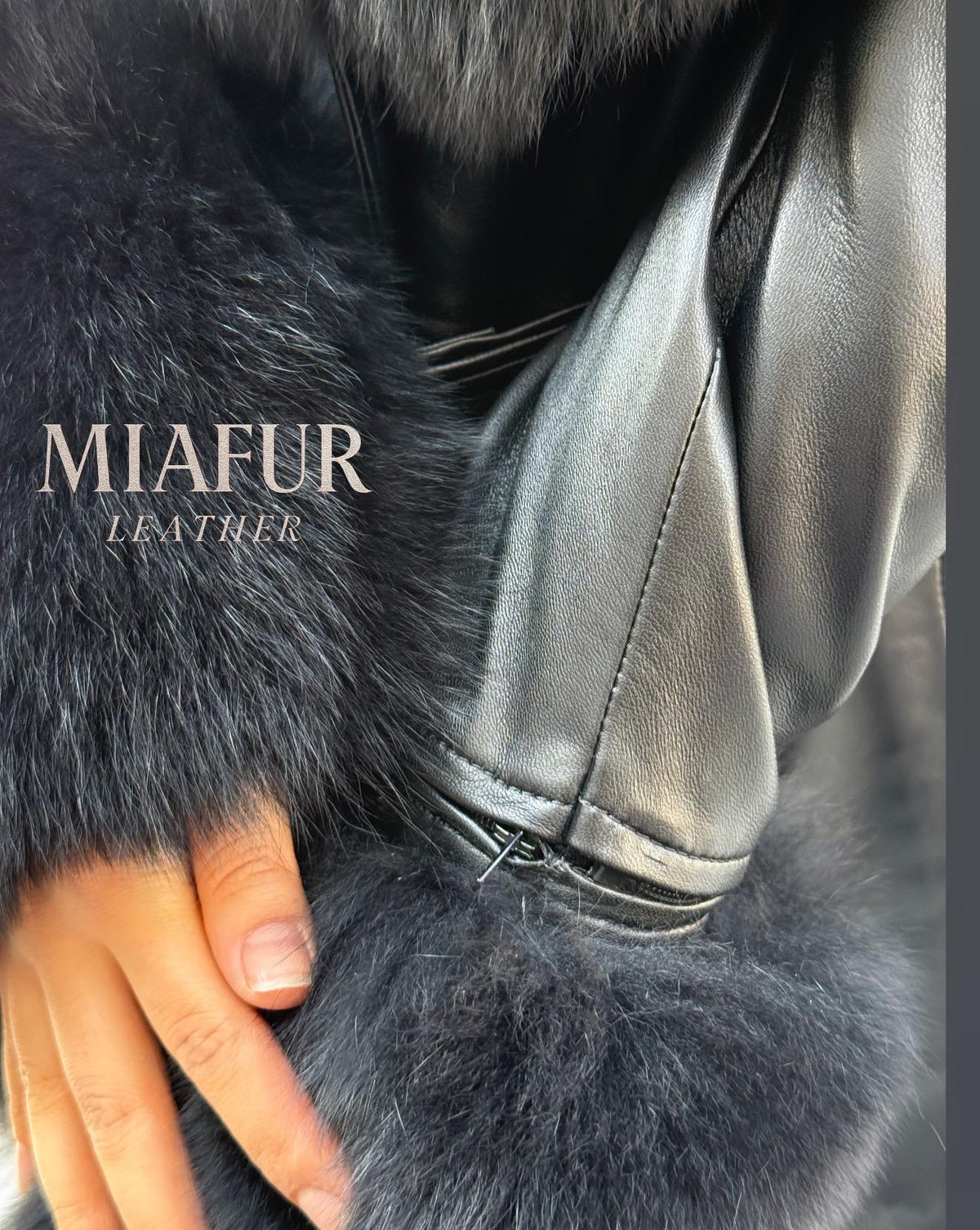 Luxury Black Leather Jacket , Detachable Collar & Cuffs Fox Fur Coat For Women