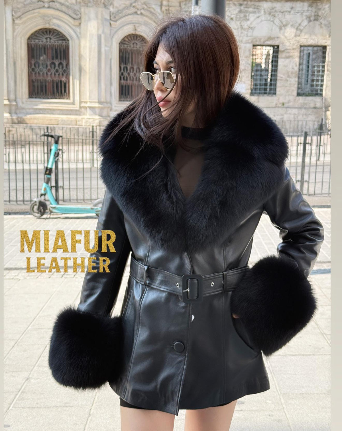 Luxury Black Leather Jacket , Detachable Collar & Cuffs Fox Fur Coat For Women
