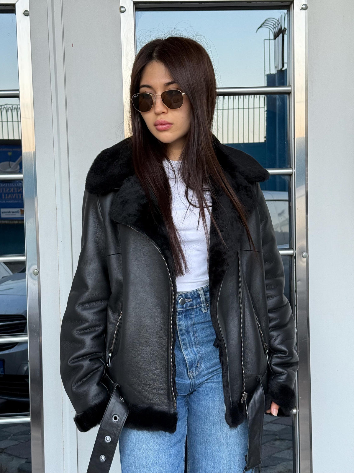 Women’s Black Shearling Coat, Handmade Short Aviator Lamb Fur Jacket