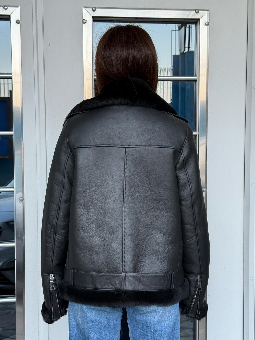 Women’s Black Shearling Coat, Handmade Short Aviator Lamb Fur Jacket