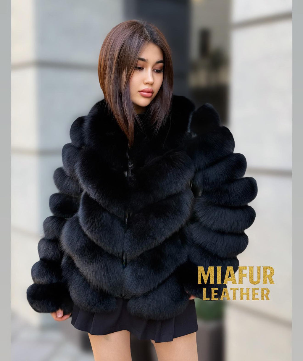 Women’s Black Fox Fur Coat: Handmade Convertible Vest with Detachable Sleeves