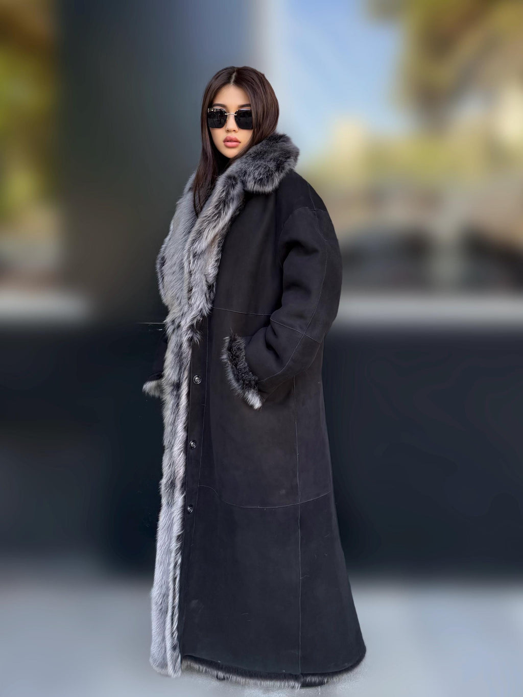 Black - Gray Long Shearling Coat, Women’s Handmade Reversible Shearling & Toscana Lamb Fur Jacket