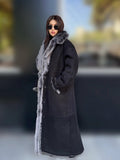 Black - Gray Long Shearling Coat, Women’s Handmade Reversible Shearling & Toscana Lamb Fur Jacket