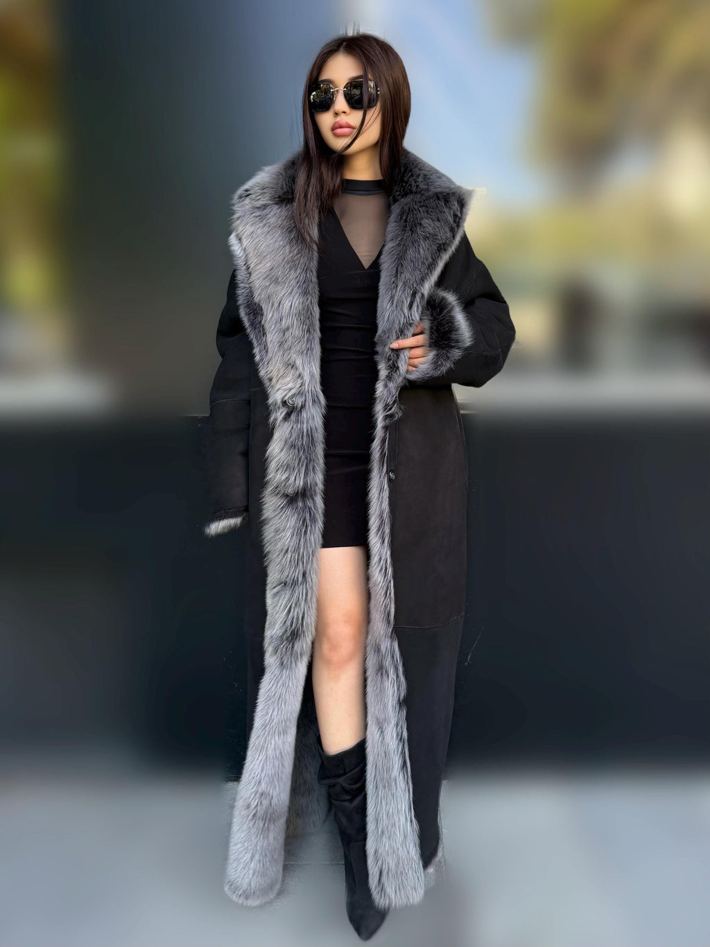 Black - Gray Long Shearling Coat, Women’s Handmade Reversible Shearling & Toscana Lamb Fur Jacket