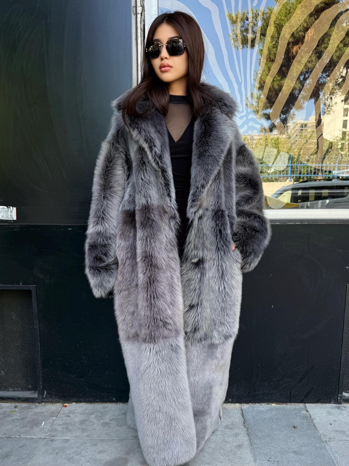 Black - Gray Long Shearling Coat, Women’s Handmade Reversible Shearling & Toscana Lamb Fur Jacket