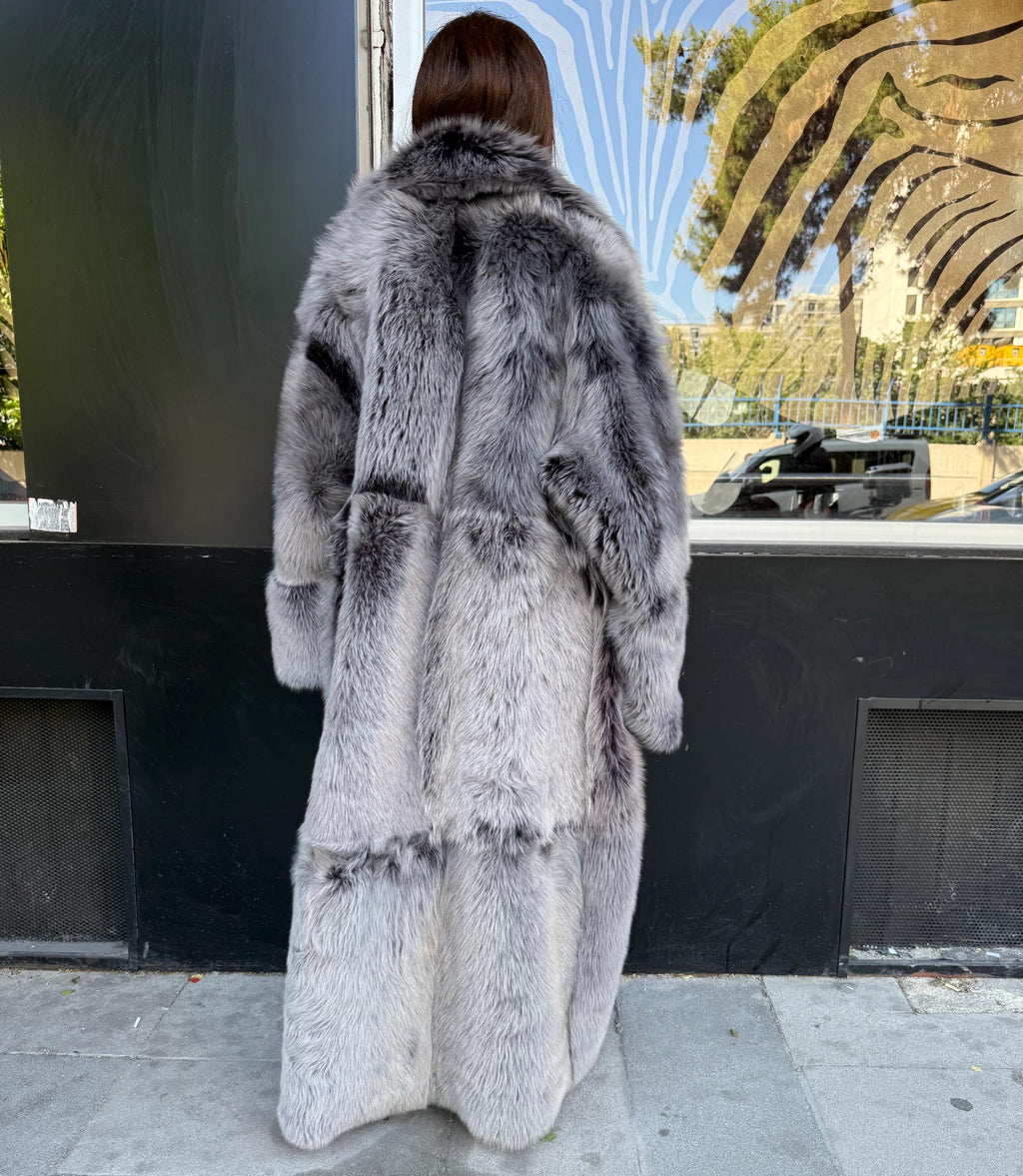 Black - Gray Long Shearling Coat, Women’s Handmade Reversible Shearling & Toscana Lamb Fur Jacket