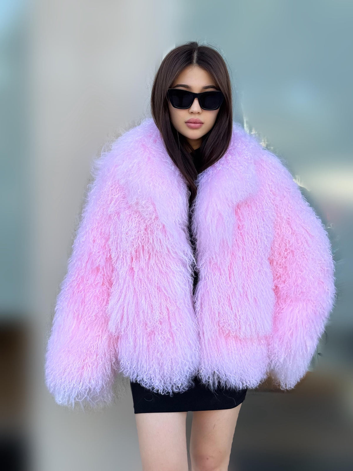 Luxury Pink Tibetan Fur Coat, Handmade Women Mongolian Shaggy Lamb Fur Jacket,