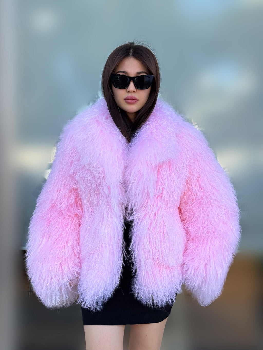 Luxury Pink Tibetan Fur Coat, Handmade Women Mongolian Shaggy Lamb Fur Jacket,