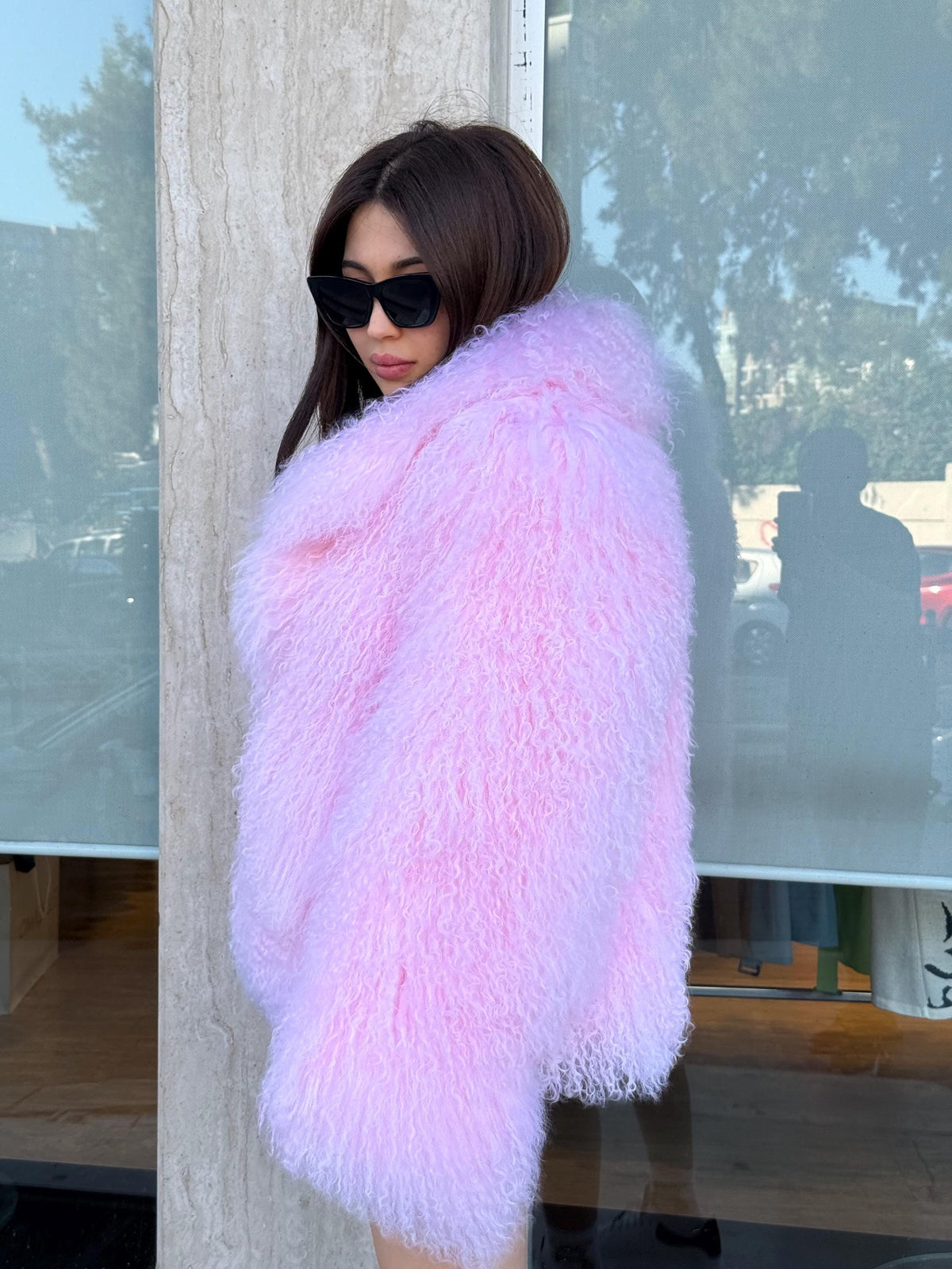 Luxury Pink Tibetan Fur Coat, Handmade Women Mongolian Shaggy Lamb Fur Jacket,