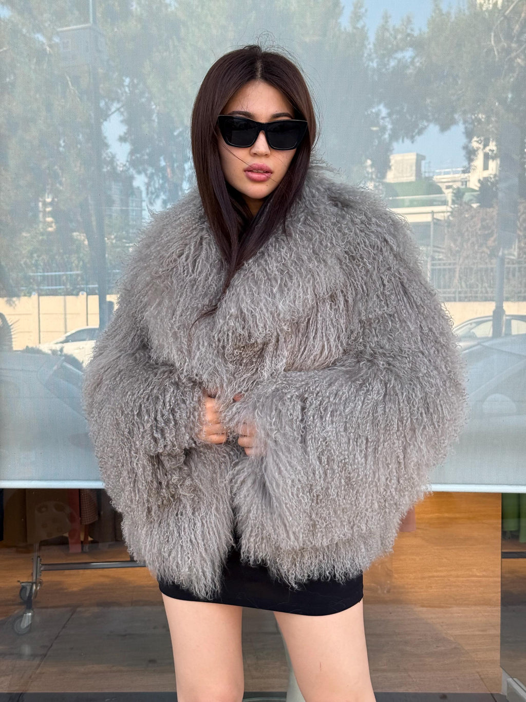 Women’s Gray Tibetan Fur Coat, Handmade Short Mongolian Shaggy Lamb Fur Jacket