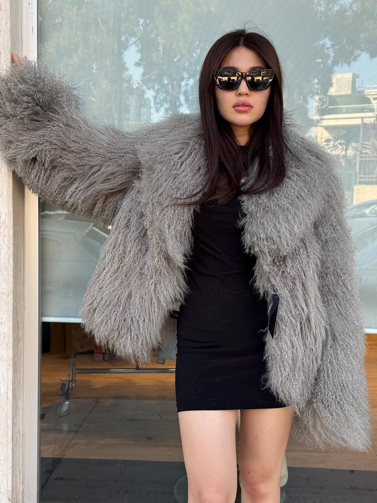 Women’s Gray Tibetan Fur Coat, Handmade Short Mongolian Shaggy Lamb Fur Jacket