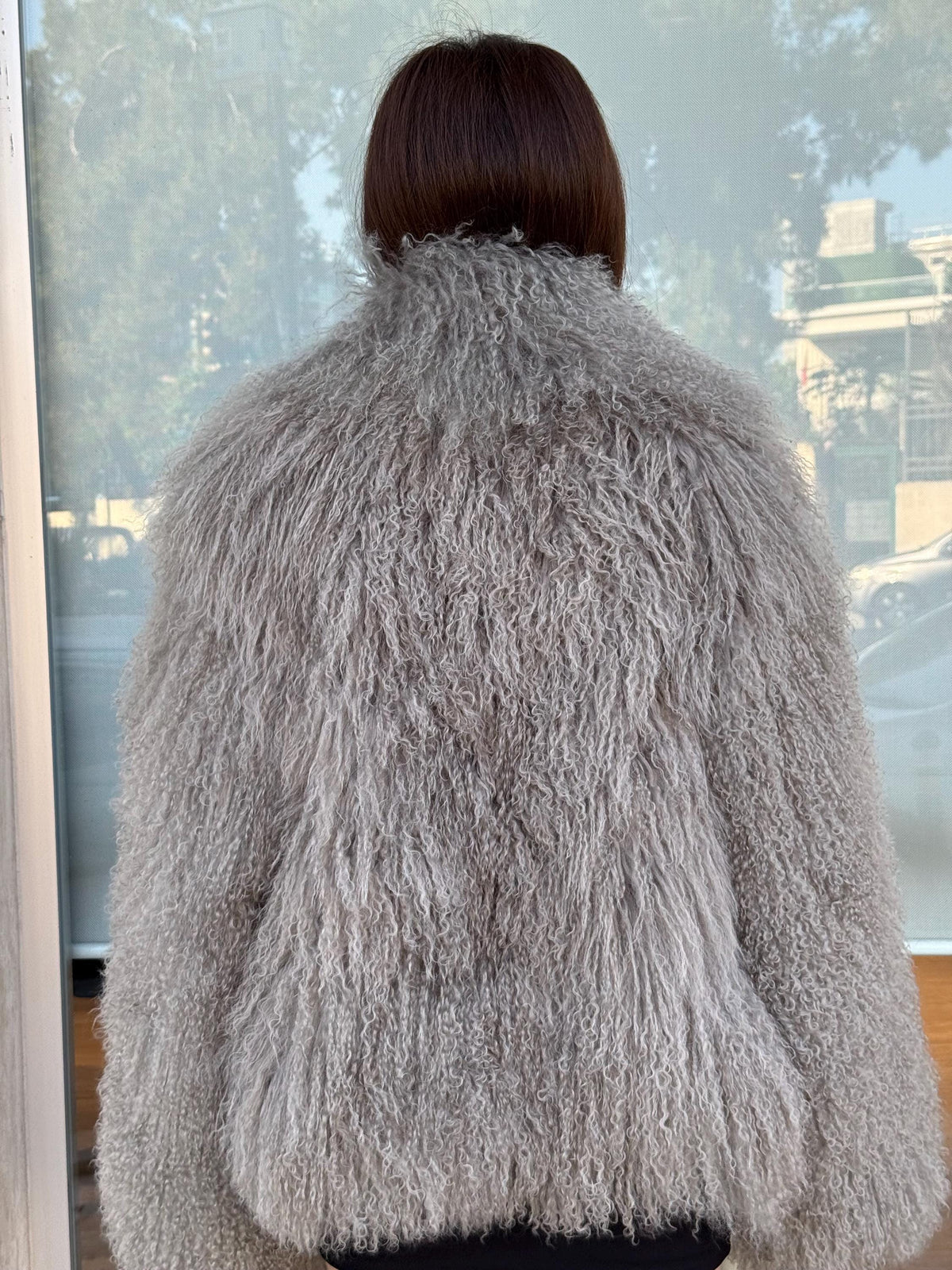 Women’s Gray Tibetan Fur Coat, Handmade Short Mongolian Shaggy Lamb Fur Jacket