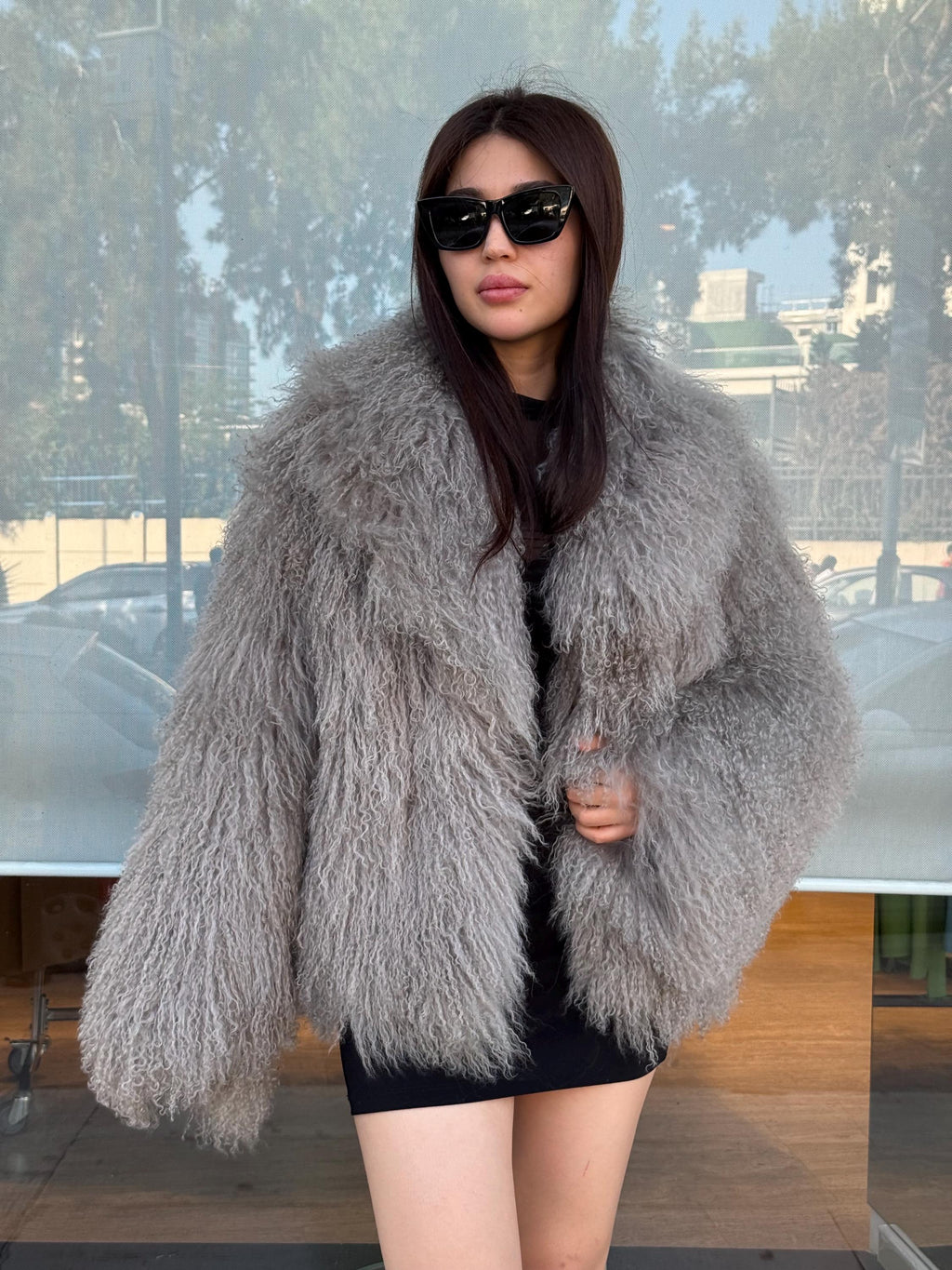 Women’s Gray Tibetan Fur Coat, Handmade Short Mongolian Shaggy Lamb Fur Jacket
