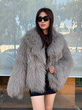 Women’s Gray Tibetan Fur Coat, Handmade Short Mongolian Shaggy Lamb Fur Jacket