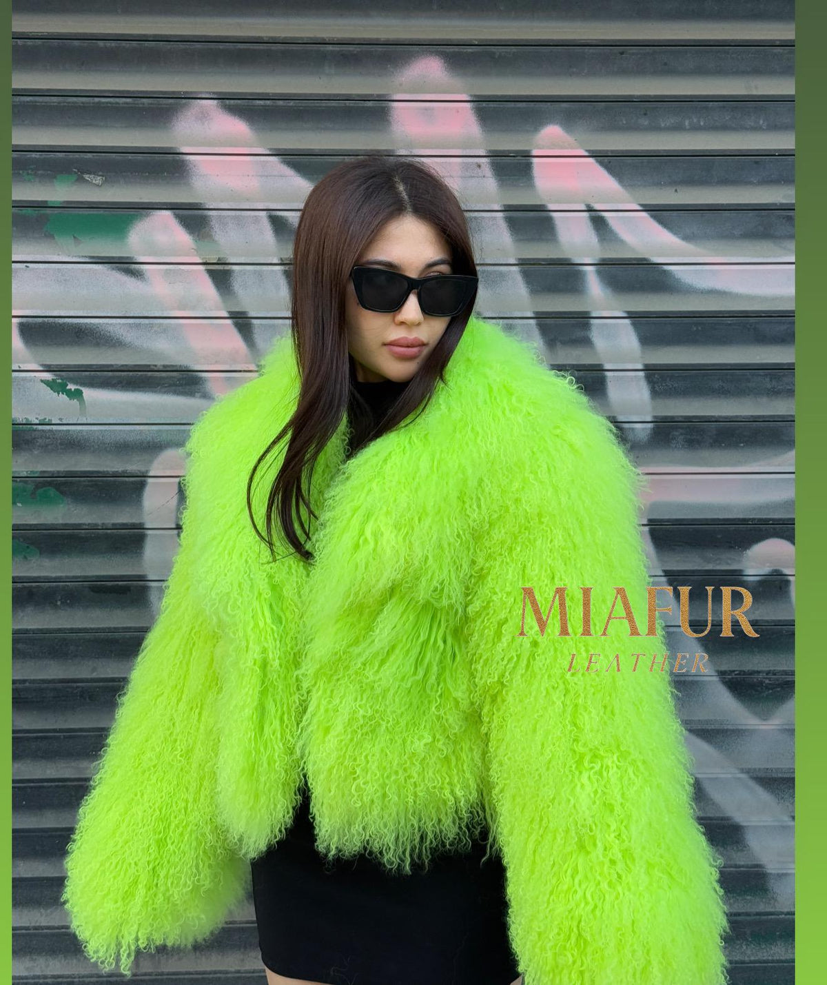 Women’s Neon Green Tibetan Fur Coat, Handmade Shaggy Mongolian Lamb Fur Jacket
