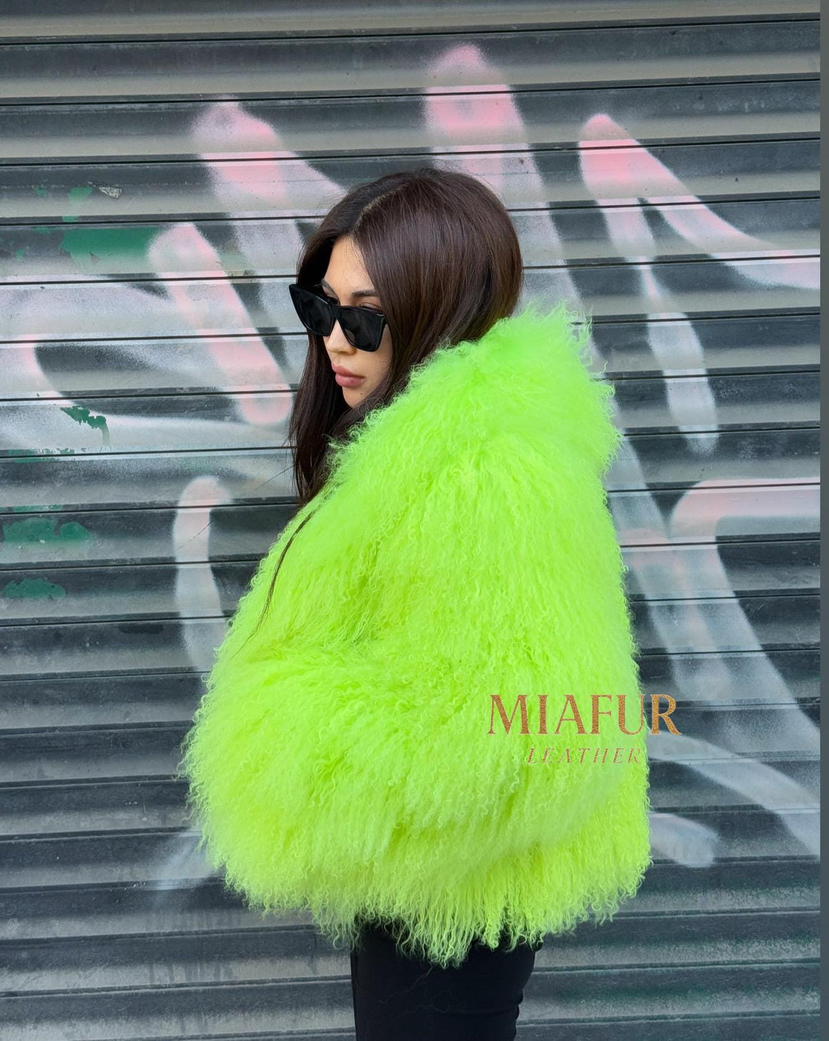 Women’s Neon Green Tibetan Fur Coat, Handmade Shaggy Mongolian Lamb Fur Jacket