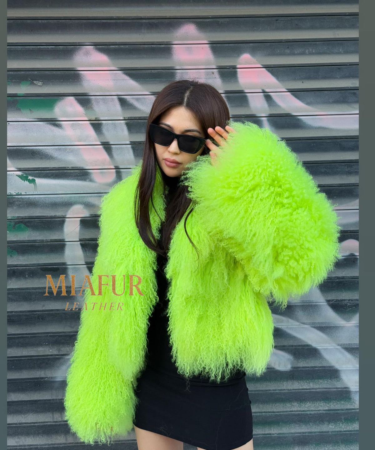 Women’s Neon Green Tibetan Fur Coat, Handmade Shaggy Mongolian Lamb Fur Jacket