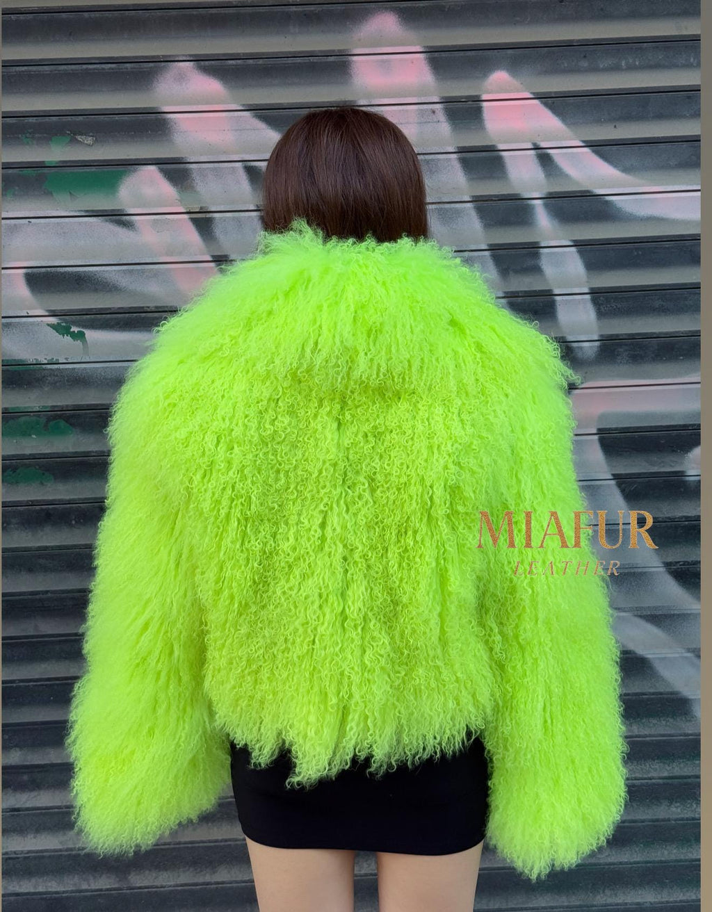 Women’s Neon Green Tibetan Fur Coat, Handmade Shaggy Mongolian Lamb Fur Jacket