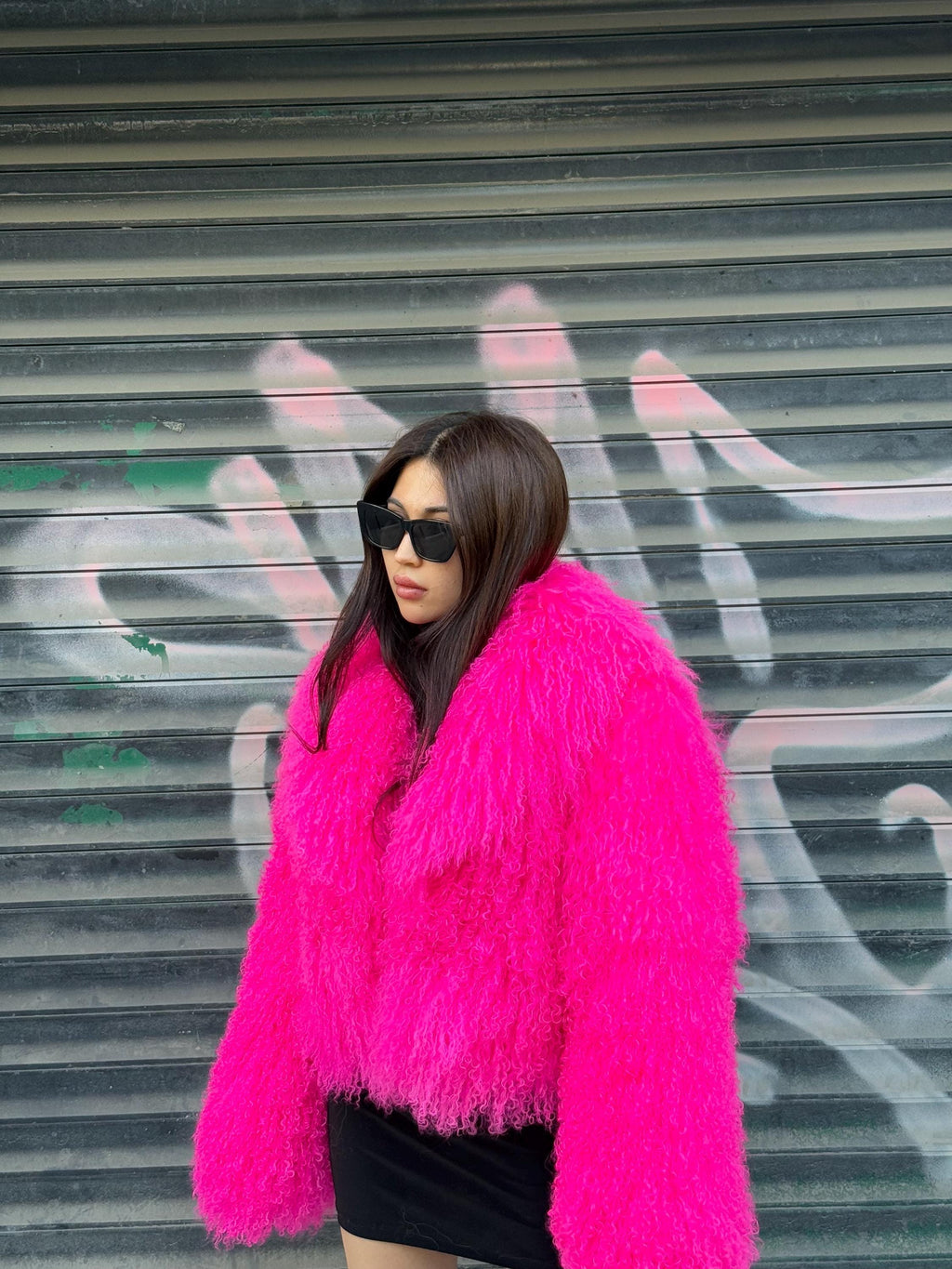 Women’s Neon Pink Tibetan Fur Coat, Handmade Short Shaggy Mongolian Lamb Fur Jacket