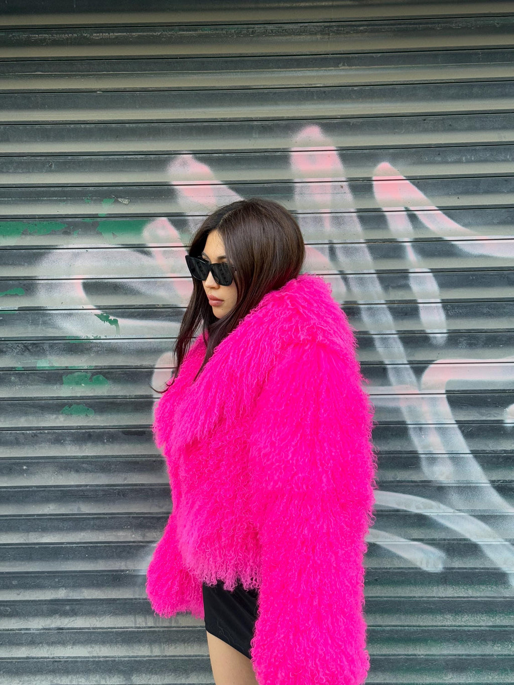 Women’s Neon Pink Tibetan Fur Coat, Handmade Short Shaggy Mongolian Lamb Fur Jacket