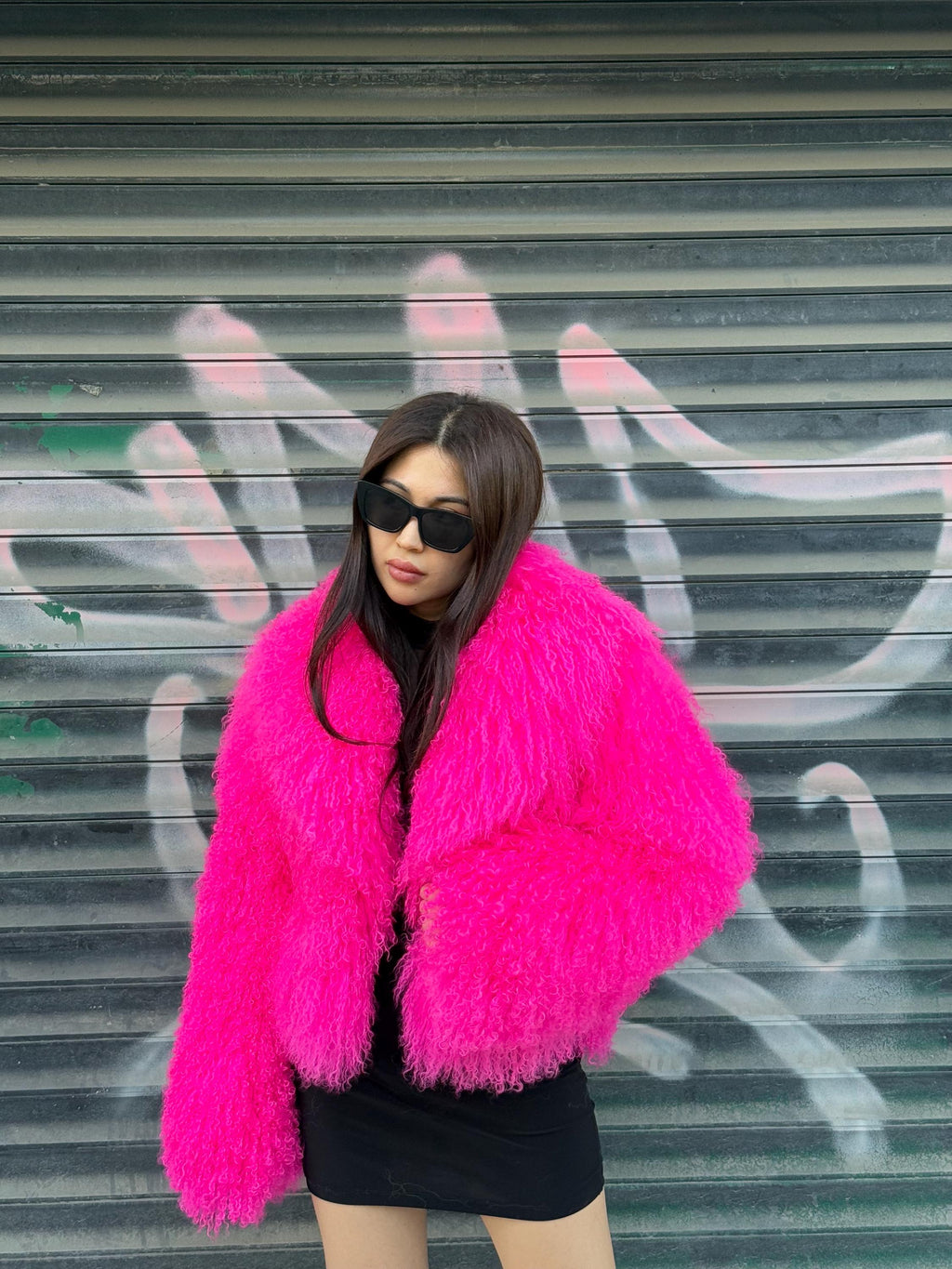 Women’s Neon Pink Tibetan Fur Coat, Handmade Short Shaggy Mongolian Lamb Fur Jacket