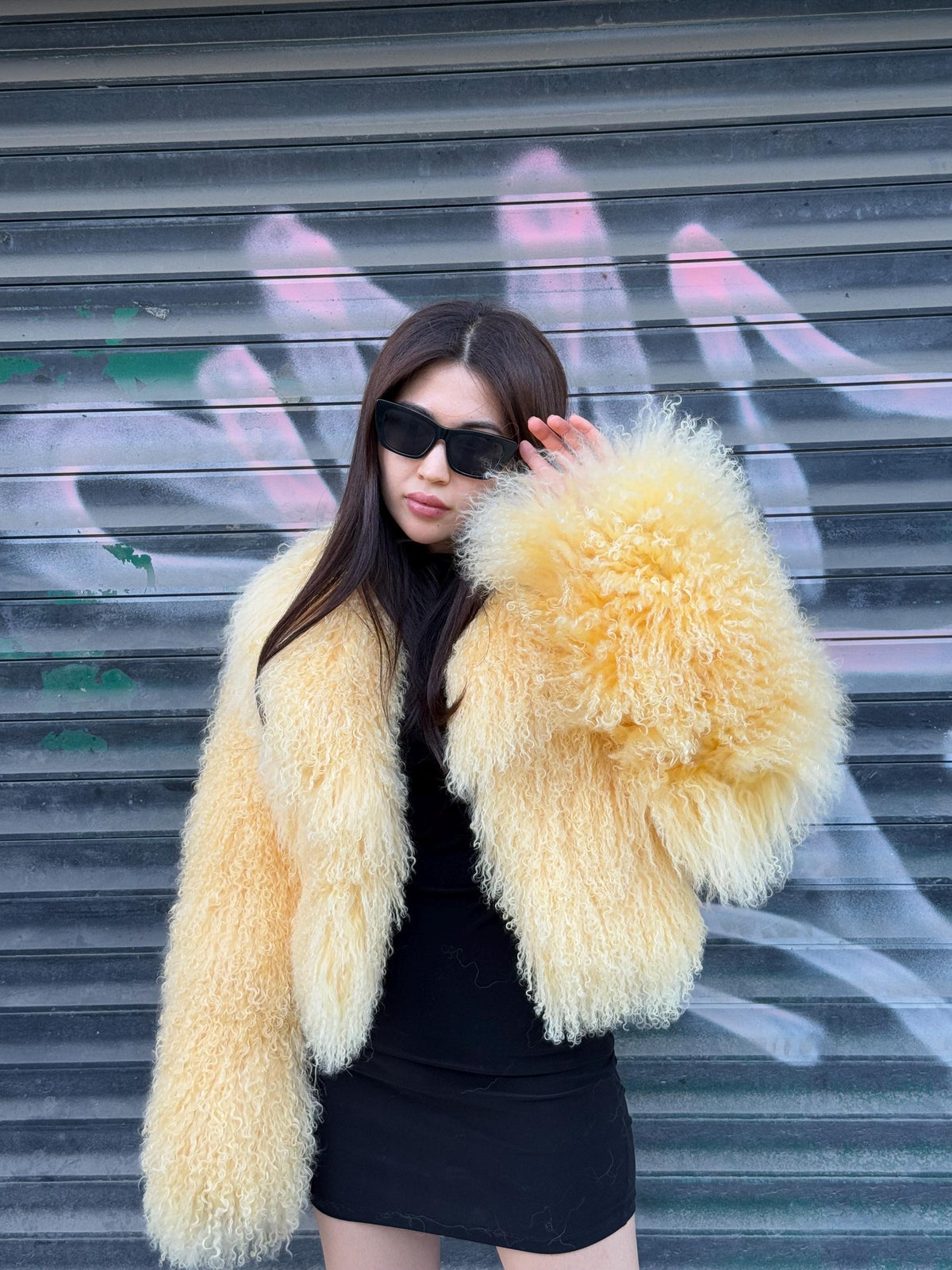 Yellow Tibetan Fur Coat, Handmade Women’s Shaggy Mongolian Lamb Fur Jacket