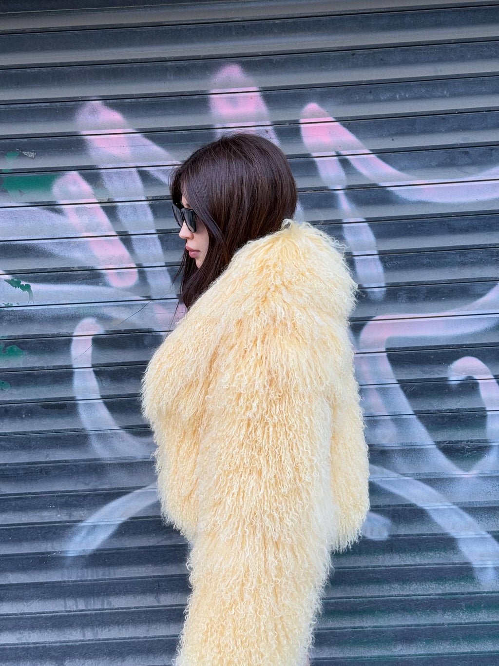 Yellow Tibetan Fur Coat, Handmade Women’s Shaggy Mongolian Lamb Fur Jacket