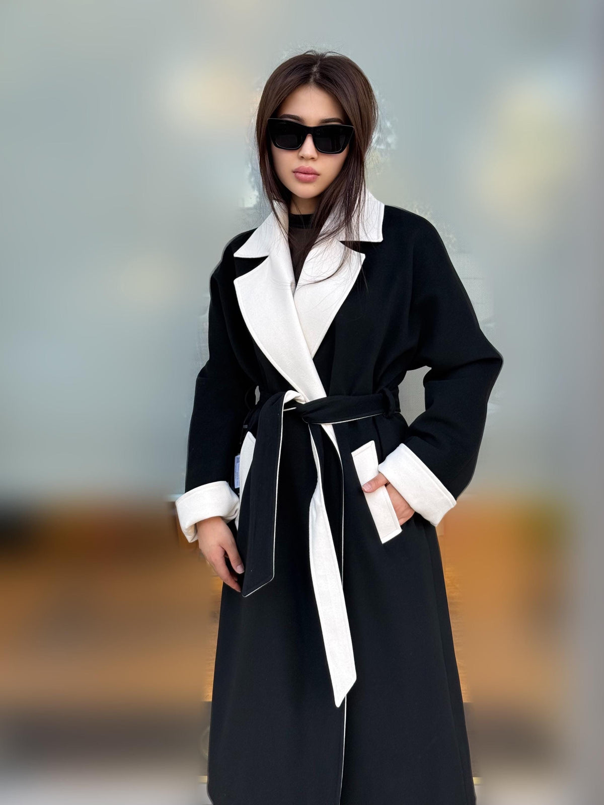 Black - White Long Cashmere Coat, Women’s Handmade Wool Design Jacket
