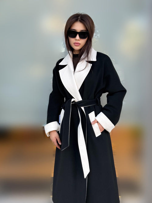 Black - White Long Cashmere Coat, Women’s Handmade Wool Design Jacket