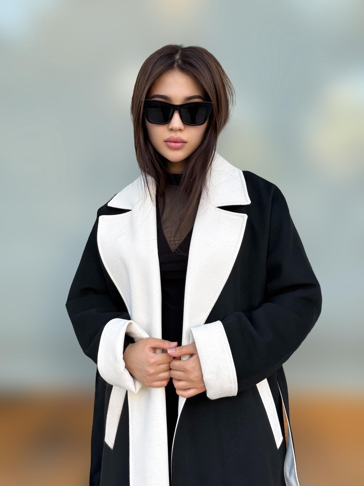 Black - White Long Cashmere Coat, Women’s Handmade Wool Design Jacket