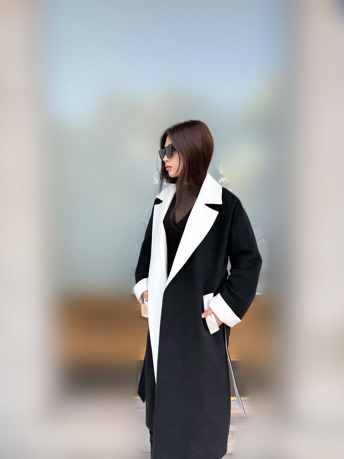 Black - White Long Cashmere Coat, Women’s Handmade Wool Design Jacket