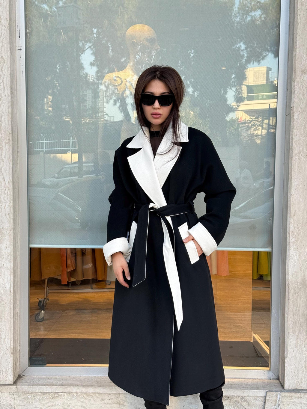 Black - White Long Cashmere Coat, Women’s Handmade Wool Design Jacket