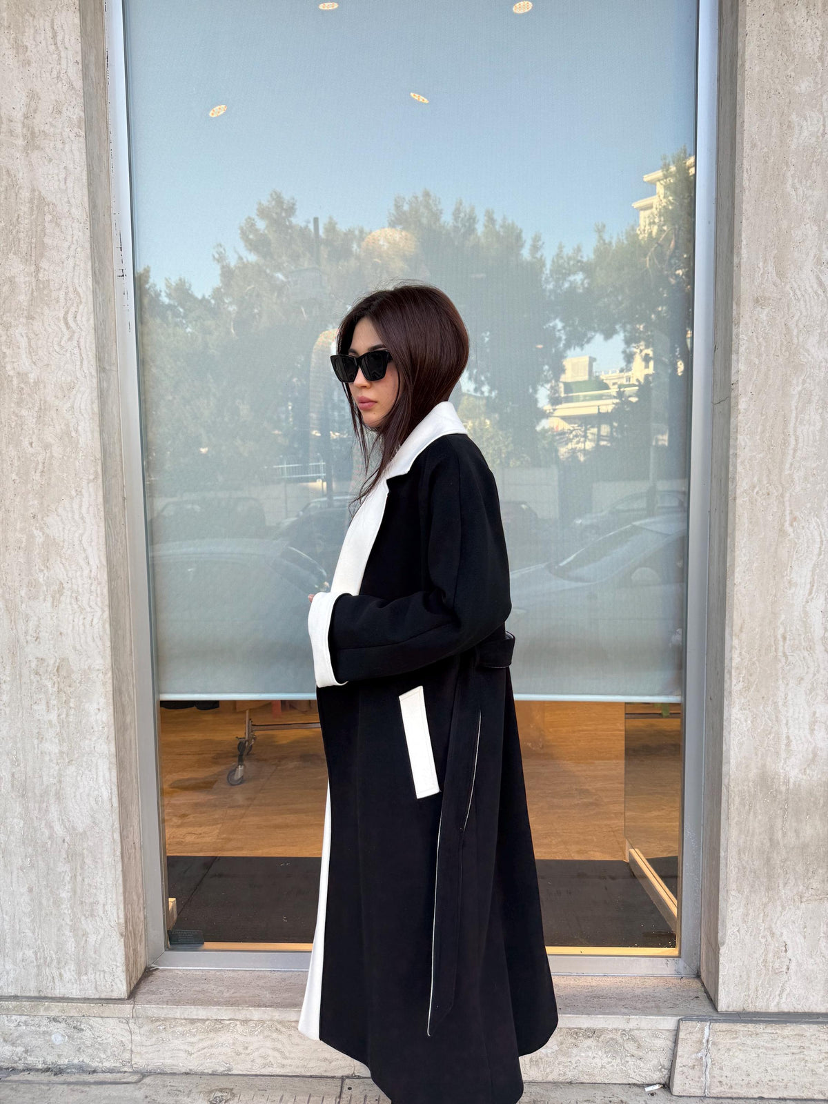 Black - White Long Cashmere Coat, Women’s Handmade Wool Design Jacket