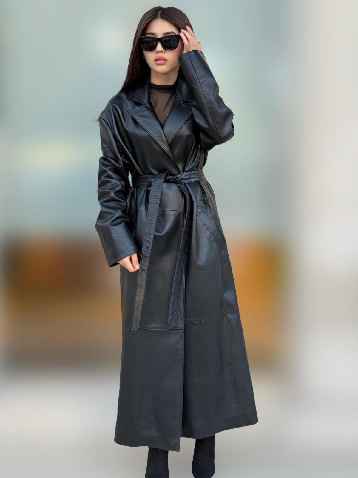 Black Handmade Genuine Sheepskin Leather Trench Coat for Women – Long Real Leather Belted Overcoat – Handmade Luxury Winter Jacket
