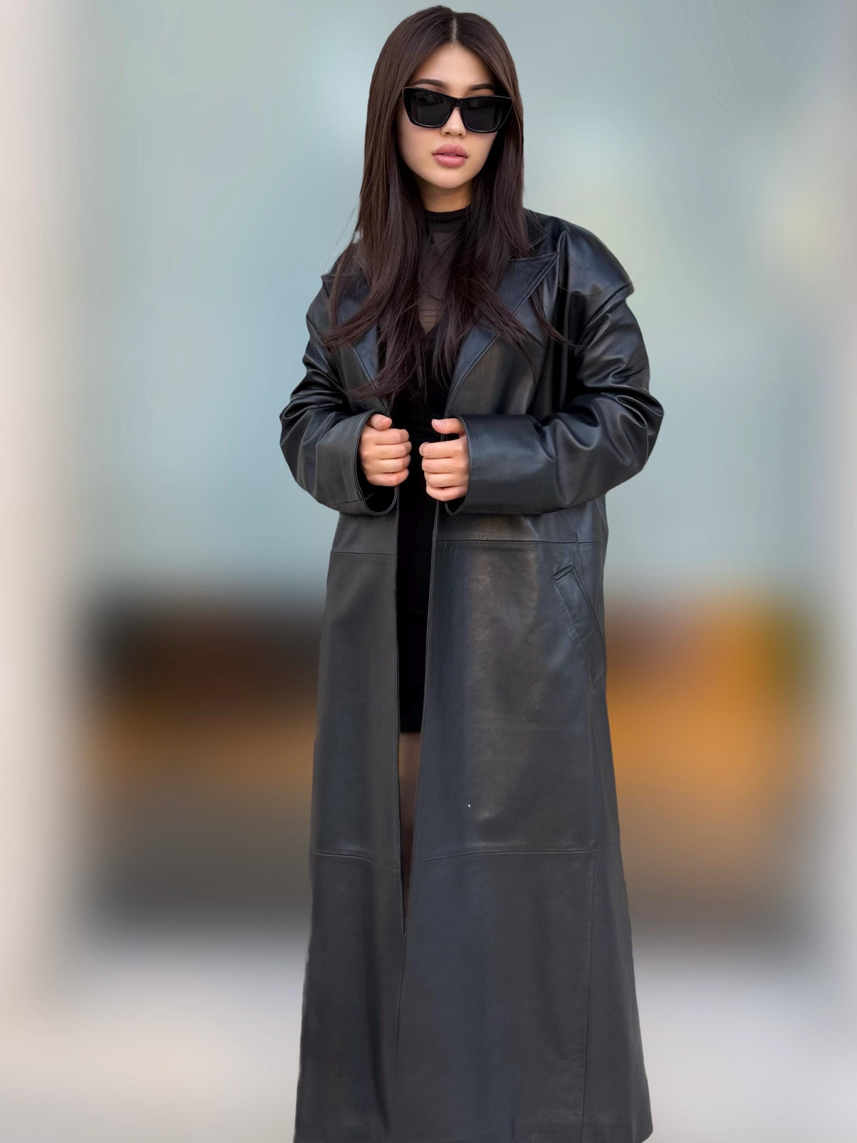 Black Handmade Genuine Sheepskin Leather Trench Coat for Women – Long Real Leather Belted Overcoat – Handmade Luxury Winter Jacket